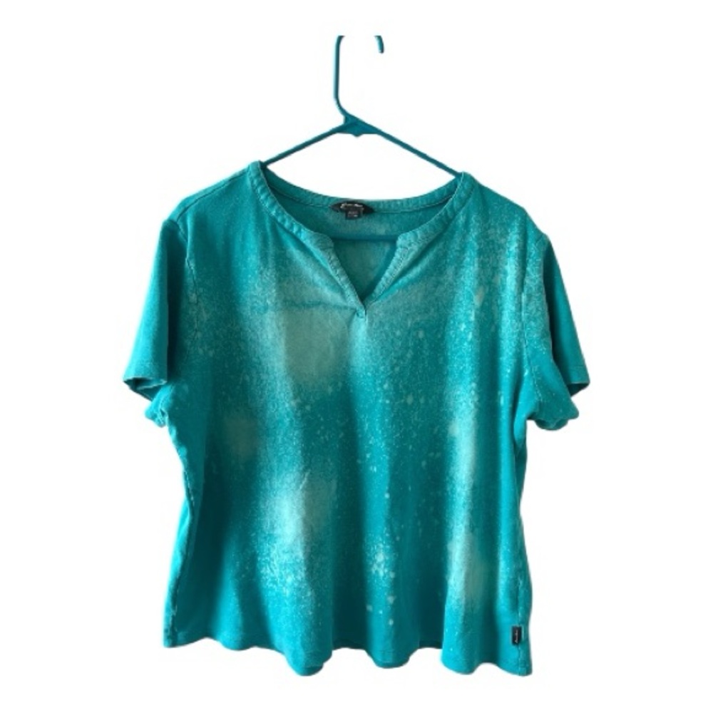 Eddie Bauer XXL Teal Bleach Dyed Split Neck Tee Coastal Boho Top